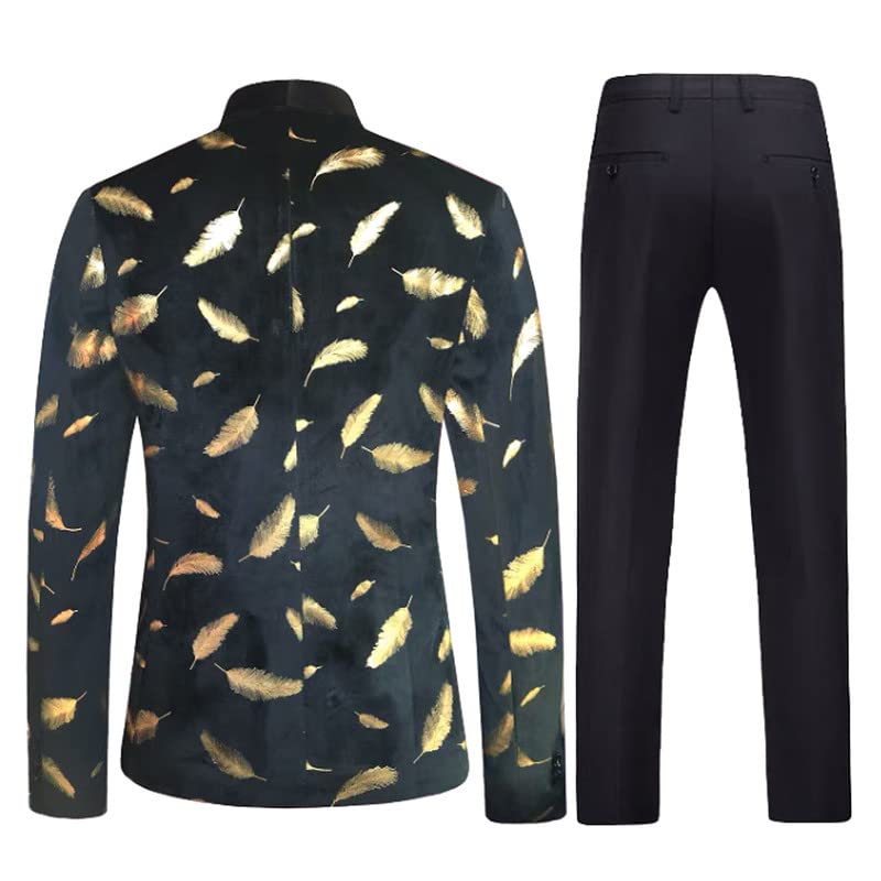 HBDesign 1 Button Men's Suit Feather Patterned Velvety Fabric with Black Satin Neckline(Jacket+Pants2
