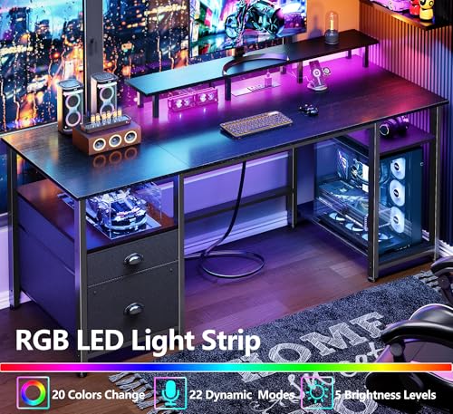 Image of Furologee 61 inch Gaming Desk with Power Outlets & LED Lights, Reversible Computer Desk with File Cabinet & Monitor Stand for Home Office, Large Work Table with Storage Shelves & Drawer, Black