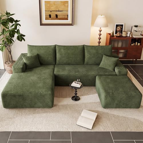 Image of 95 inch Cloud Sectional Couch with Ottoman,Modern U-Shaped Cloud Couch with Deep Seat,Comfy Corduroy Sofa,Memory Foam Sofa for Living Room,No Assembly (Green,Left-Facing Chaise)