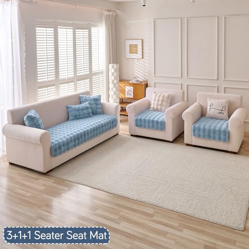 Image of HOKIPO 'FurHug' Luxury Faux Rabbit Fur Sofa Mat 5 Seater in 3+1+1 Configuration, Charm Blue (AR-5010-5)