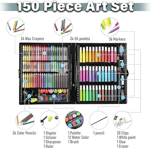 Image of Brand Conquer Art Supplies Set with Carry Case - Drawing & Painting Kit for Boys & Girls | Includes Markers, Crayons, Oil Pastels, Watercolors, Colored Pencils | Gift for Kids