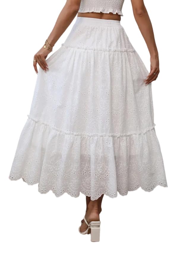 Women's Casual Skirts Summer 2025 Lace Embroidery Eyelet Elastic Waist Flowy Tiered A-Line Beach Maxi Boho Skirt