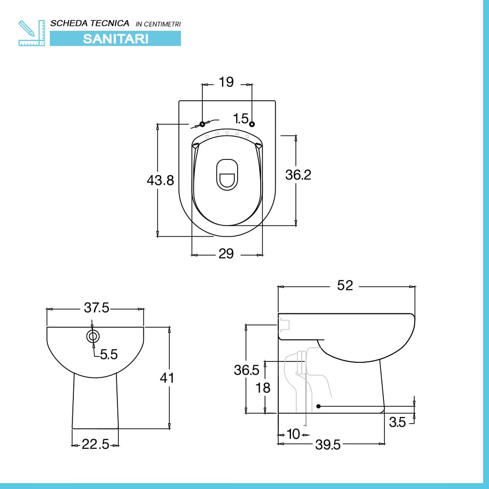 Coppia Sanitari Filomuro Rimless In Ceramica Bianco Lucida Serie Vima, L 37,5 x P 52 x H 41 Cm, Completo Di Sedile Avvolgente Soft-Close