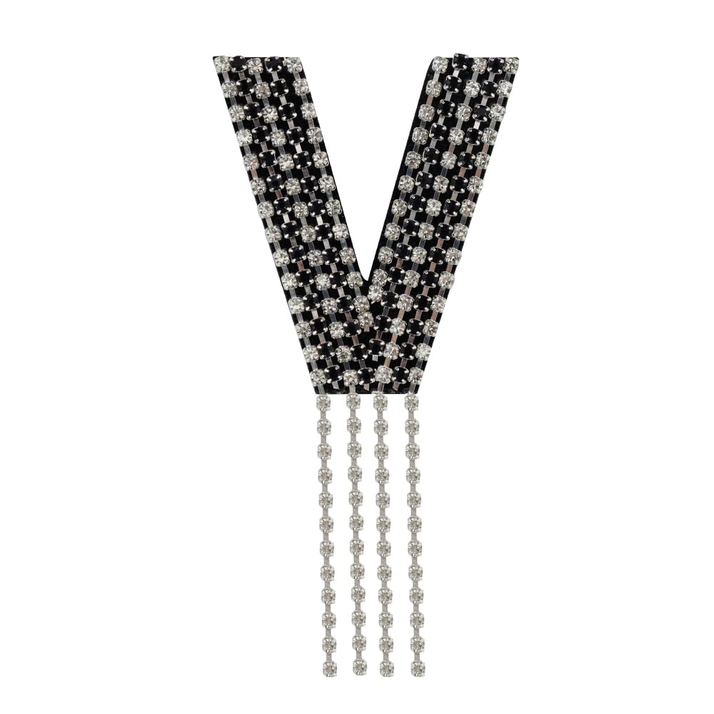 Rhinestone Sew On Patch A-Z Crystal Bead Rhinestone Letter Patch Fringe Alphabet Applique English Letter for DIY Craft Supplies 2pieces (Black V 2pieces)