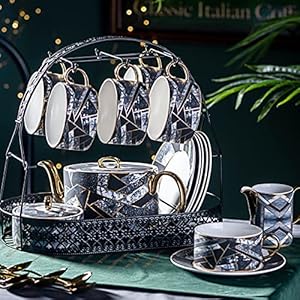 15 Piece Porcelain Tea Set for Adults Porcelain Tea Coffee Cup and Saucer Set with Metal Holder for Girl Friend