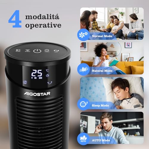 Aigostar Ventilatore a Torre Silenzioso digitale con Telecomando/Timer 12 Ore. 4 modalità e 3 velocità regolabile. Potenza 45W, Oscillazione 70°, 93CM, per la Casa e l'Ufficio, Nero - Immagine 3