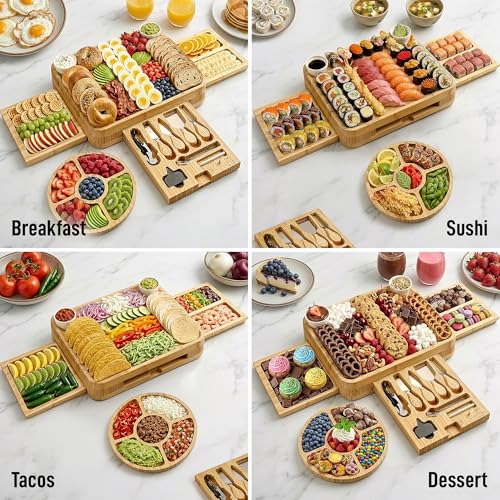 Image of Zulay Kitchen Premium Bamboo Cheese Board Set - Extra Thick Bamboo Charcuterie Board Set with 4 Piece Knife Set - Wooden Cheese Board is Perfect for Charcuterie, Wine and Cheese (Deluxe Set)