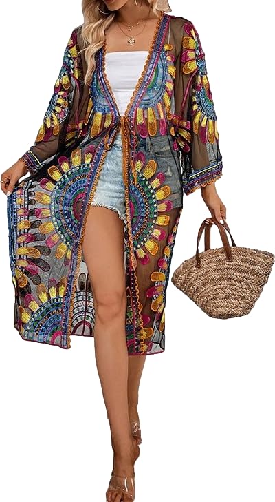 Kimono Swimsuit Cover ups for Women Sheer Mesh Tie Waist Beach Swimsuit Cover Up See Through Plus Size Kimono Cardigans