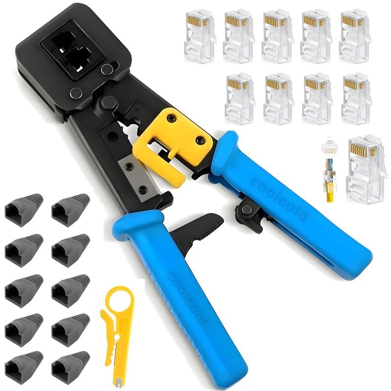 XIKKART Crimping Tool | RJ45 Wire Cutter | Pass Through Cat5 Cat5e Cat6 Professional Heavy Duty Tool Kit, with Cable Stripper, 10pcs Pass Through Connectors, and 10pcs Rj45 Covers (Blue) (B0D31RWJKY) Amazon Price History, Amazon Price Tracker