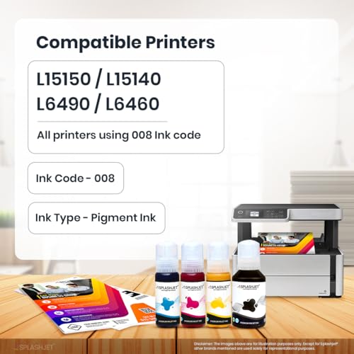 Image of Splashjet 008 Compatible Refill Pigment Ink for Epson L15150, L15160, L15140, L6490, L6460 Printer - Compatible Ink Bottle for Epson 008 Ink Code (70gm x C /M /Y + 120gm x Bk) Ink Bottle Set - 502367
