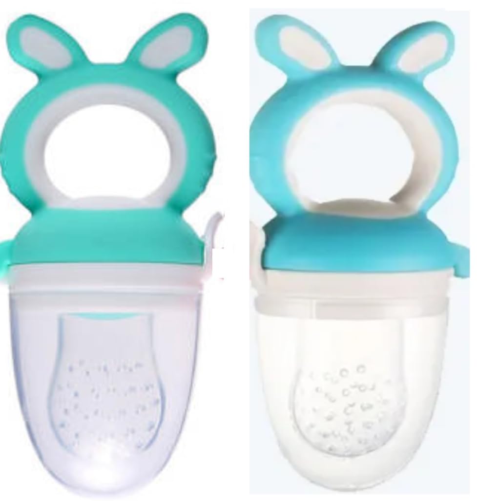Yummy Baby Fresh Fruit & Food Feeding Teether (2 Pack), Food Grade, BPA-Free, Ultra-Soft Silicone Pouches (Green/Blue Rabbits)