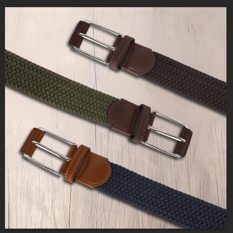 Image of Braided Stretch Belt Mens 3 Pack Woven Belts for Golf & Casual | elastane belts, hole-free fit for all waist, zinc alloy buckle, adjustable fit for golf, jeans, dress pants, and work.