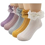 Xiyadun Girls Ruffle Lace Trim Cotton Socks Baby Girl Eyelet Frilly Dress Socks(5 Pairs,Assorted Color, 5-8 Years)