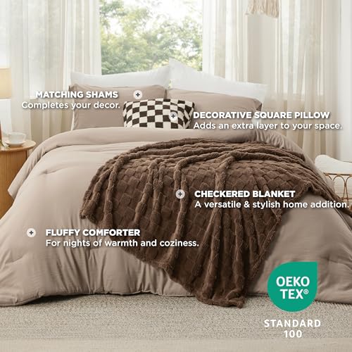 Bedsure Comforter King Size 5 Pieces - King Size Comforter Set with Checkered Throw Blanket and Decorative Pillow, Lightweiget Bedding, All Season Bedding Sets, Light Camel