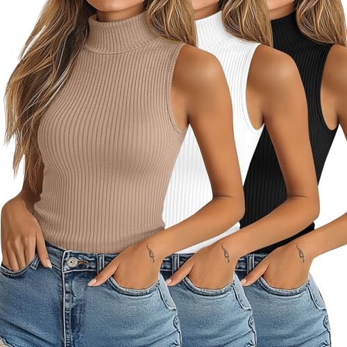 Ficerd 3 Pack Women's Sleeveless Mock Turtleneck Tank Tops Ribbed Knit Slim Fitted Stretchy Shirts Casual Layer Basic Tees(Black, White, Coffee,L)