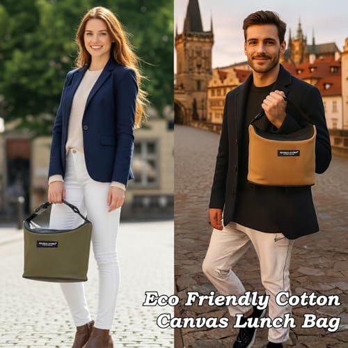 Image of Insulated Lunch Bag Pack of 2 Army Green Brown | Organic Canvas Thermal Tiffin Organizer with Bottle Spoon Holders | Waterproof Lunch Carrier for Office Picnic College Travel