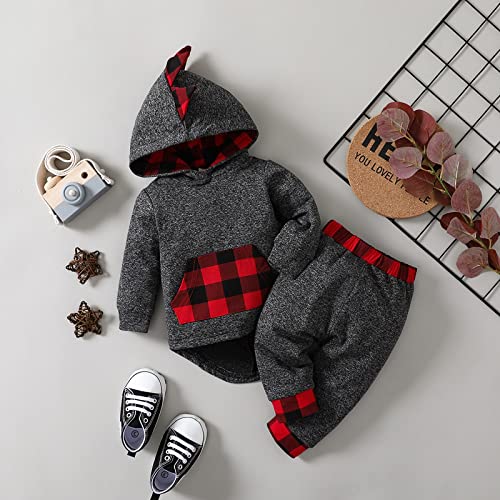 Toddler Infant Baby Boy Clothes Outfit Plaid Fall Winter Clothes Long Sleeve Hoodie Tops Sweatshirt Pants Outfit Set3
