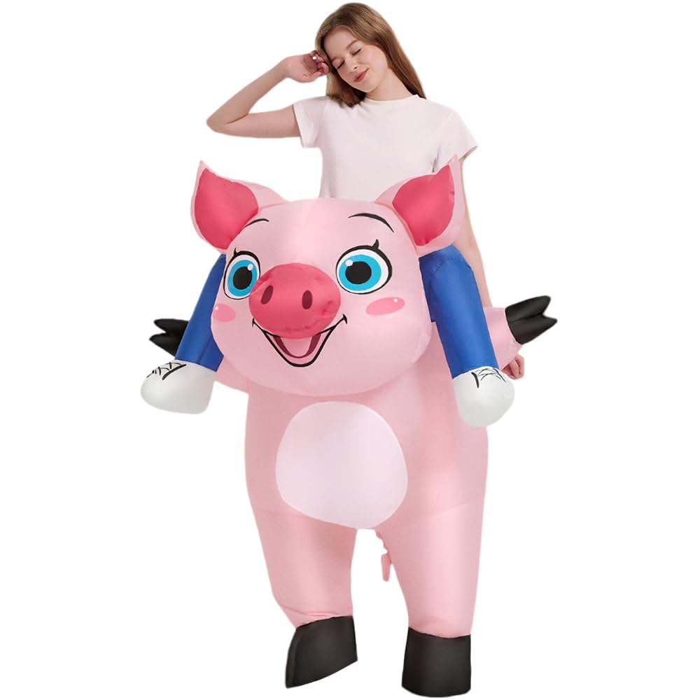 JASHKE Costume Cochon Chevaucher Gonflable Deguisement Cochon Gonflables | Costume Gonflable de Cochon pour Adulte Chevauche un Cochon Rose Deguisement Gonflable Rigolos Halloween Noël Carnaval