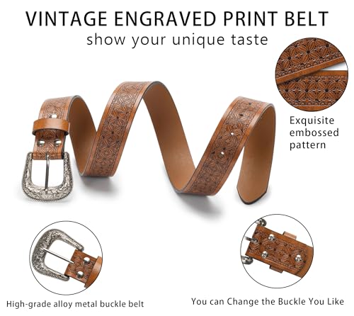 Adjustable Vintage Western-Belts for Women Men Engraved Floral Metal Buckle-Belts Cowboy-Cowgirl-Belt Waist 28"-38"4