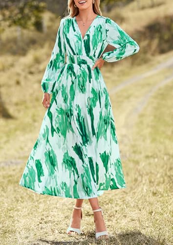 PRETTYGARDEN Women's Floral Midi Dress Casual Fall V Neck Long Sleeve Flowy Spring Beach Wedding Guest Vacation Dresses