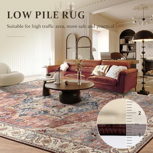 Deerly Large Washable Area Rug 8x10 for Living Room Bedroom Boho Vintage Rug for Dining Room Non-Slip Soft Low-Pile Thin, Brickred/Multi