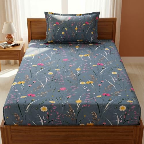 Image of Mafatlal 125 GSM Merino Single Size Bedsheet with Pillow Cover | 90 x 60 Inches | Soft, Breathable & Lightweight | Blue