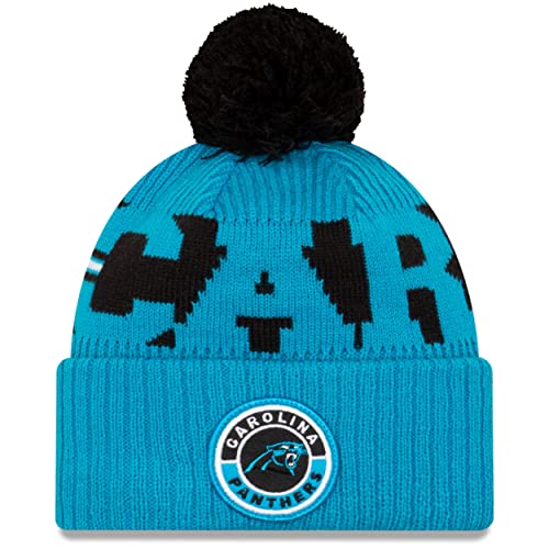 New Era Men's Blue/Black Carolina Panthers 2020 NFL Sideline Sport Pom Cuffed Knit Hat