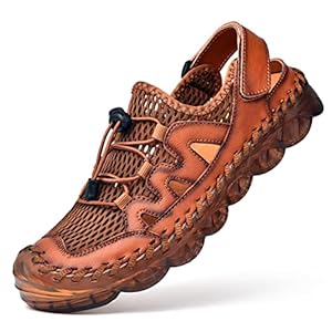 Qiucdzi Mens Closed Toe Sandals, Sport Sandals Casual Leather Handmade Sandals Adjustable Fisherman Beach Sandals For Outdoor Walking Driving