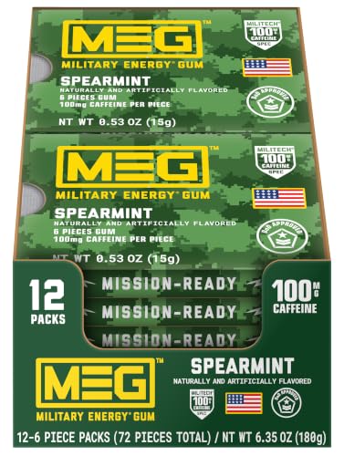 Image of MEG (Military Energy Gum) - Spearmint | Energy Caffeine Gum | 100mg Caffeine Per Piece |Fast-Acting Performance Boost - 12 Packs