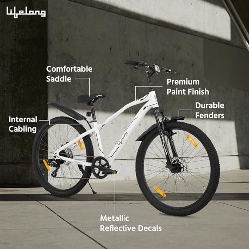 Image of Lifelong Gear Cycle for Men & Women MTB 26T with Dual Disc Brake - MultiSpeed 7-Gear Bicycle - Front Suspension Fork - Mountain Bike Ideal for 15 Years + Adults Upto Height 5 ft 5 inches (White)