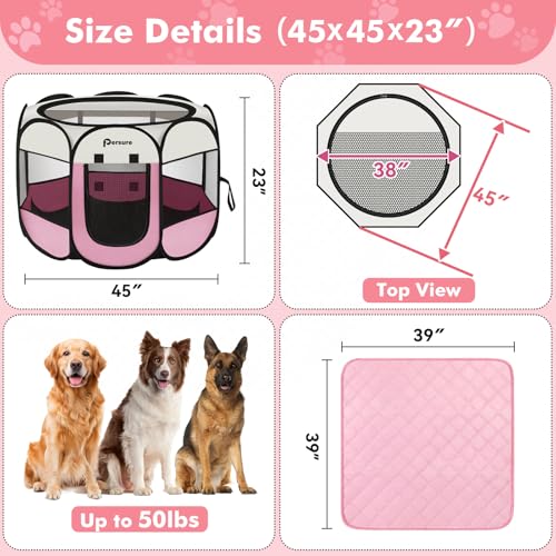 Image of Persure Dog Cat Pet Playpen Puppy Crate Cage for Indoor Outdoor Travel | Nursing Rest Zone Recovering Pet Quarantine Room Portable Pop Up Easy to Set up lightweight (Pink with Pad, Large)