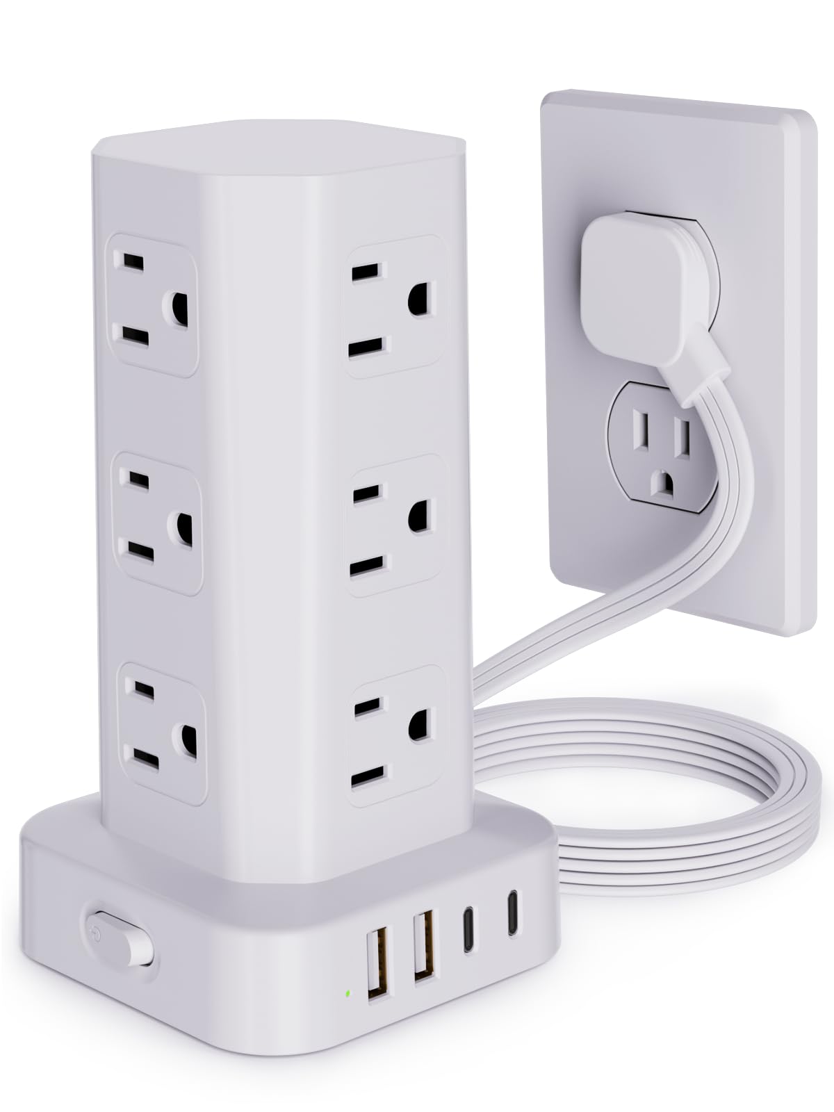 Power Strip Tower Surge Protector, 6FT Flat Plug Extension Cord with Multiple Outlets, 12 AC Outlets 4 USB (2 USB C), Desktop Charging Station with Surge Protection for Home Office Dorm Room, White
