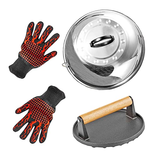 4 Piece Griddle Accessories Kit for Blackstone- 12'' Cheese Melting Dome Stainless Steel with 7'' Burger Bacon Press and 2 Pcs BBQ Heat Resistant Gloves for Flat Top Griddle Grill Indoor Outdoor