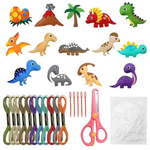 APOMOONS kit costura niños dinosaurio fieltro, Kiddy maravilla costura diversión con hilo de bordar relleno de algodón tijeras, costura educativa fieltro starter set niños dinosaurio artesanía set