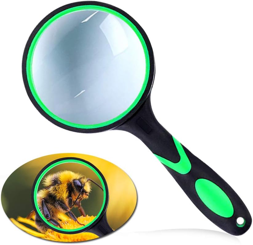 Magnifying Glass 10X Handheld Reading Magnifier, 65mm Thicker Magnifying Glass Lens Magnifier Lens with Rubbery Frame Non-Slip Soft Handle for Newspaper Reading, Science for Seniors Kids (Green 1)