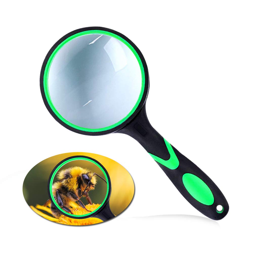 Magnifying Glass 10X Handheld Reading Magnifier, 65mm Thicker Magnifying Glass Lens Magnifier Lens with Rubbery Frame Non-Slip Soft Handle for Newspaper Reading, Science for Seniors Kids (Green 1)