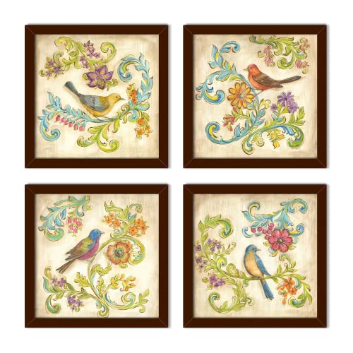 PAPER PLANE DESIGN Birds Painting For Wall Set of 4 Brown Framed Art (BIRDS 2)