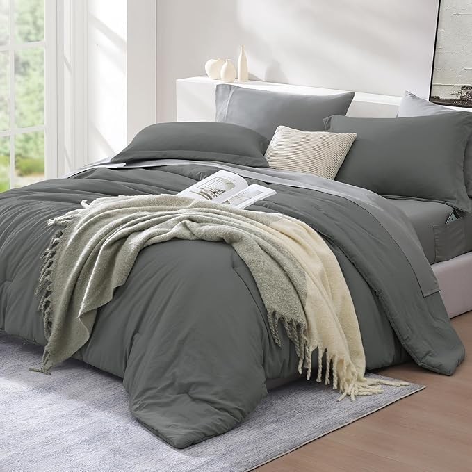 Image of Twin XL Comforter Set- 5 Pieces Prewashed Bed in a Bag Twin Bedding Sets | Soft All Season Comforter with Sheets, Pillow Sham & Pillowcase, Grey