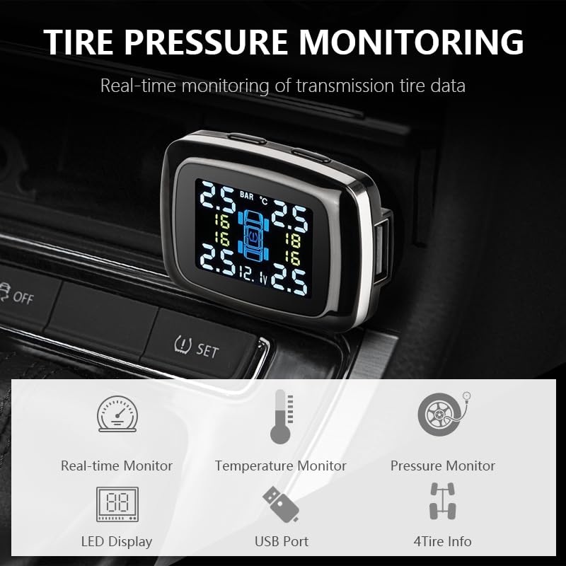 Tpms Sistema di monitoraggio dell'allarme della pressione dei pneumatici con 4 sensori, sistema di allarme di sicurezza for auto, accendisigari, pressione dei pneumatici Pressione Pneumatici(Internal