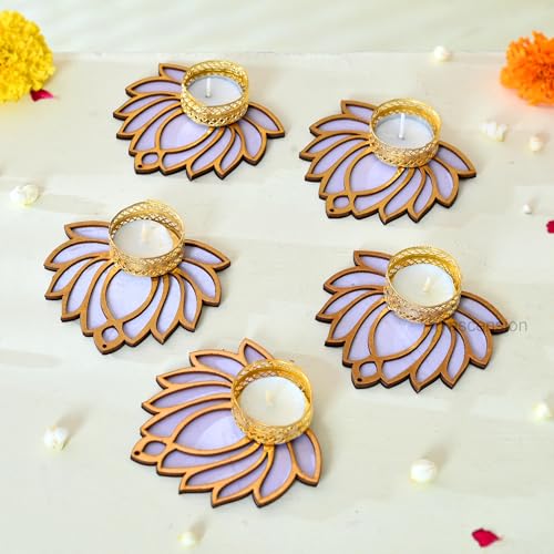 Image of Ascension Handmade Lotus Decorative Tealight Candle Holder Stand Set of 5 - Lotus Reusable Diya for Diwali Floor Rangoli Decoration Items, Home Decor, Diyas Indoor Outdoor Office Gifting,