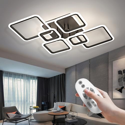 OKELI Modern LED Ceiling Lights, Dimmable Acrylic 6+1 Square Rings Ceiling Lights with Remote, Large Black Flush Mount Ceiling Light Fixture for Bedroom Living Room Dining Room, 48W