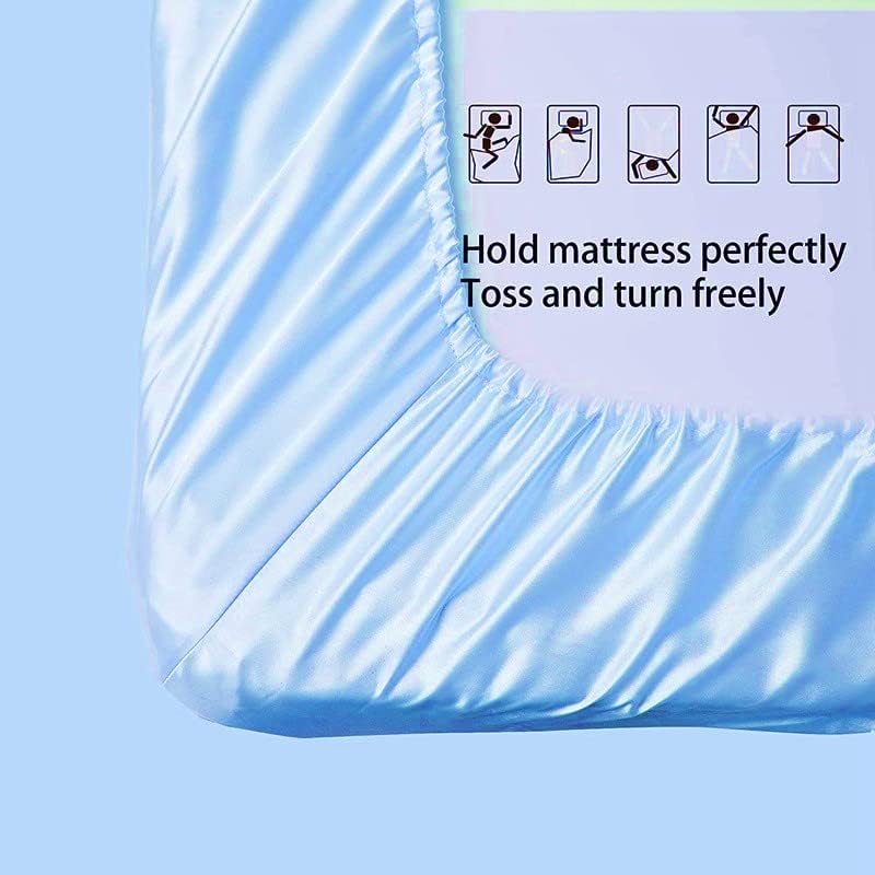 Silky Satin Fitted Sheet Only Classic Luxury Silky Soft Bed Sheets Solid Color (Cyan, Single(90x190+30cm)) - Image 3