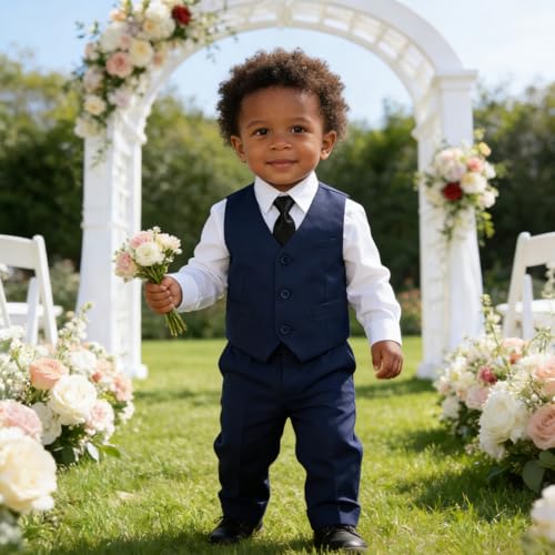 Image of Baby Boy Formal Suit for Toddler Infant Tuxedo Dress Suits | Little Gentleman, Wedding Ring Bearer Outfit, Vest Pants Long-Sleeve Shirt Tie, Birthday Party Christmas Prom, Classic
