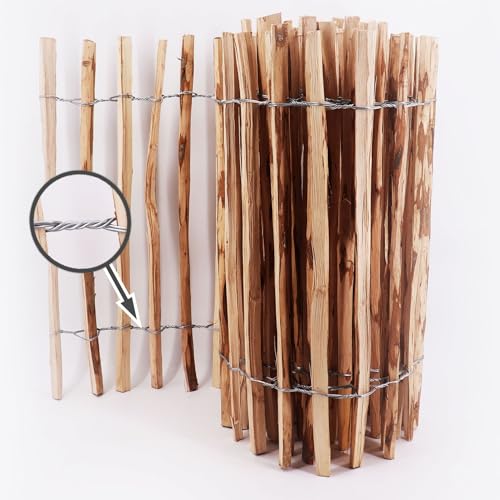 5m Aquagart Staketenzaun 100cm hoch Lattenabstand 4-6cm Gartenzaun Kastanienzaun aus Haselnuss Langlebiger Holzzaun Holz Zaun mit doppelter Drahtumspannung Rollzaun