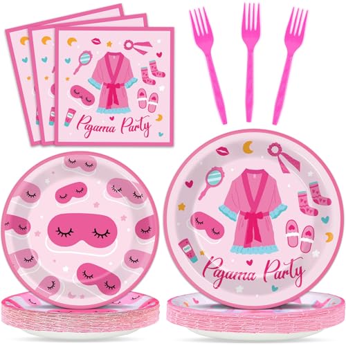 Image of 100 Pcs Pajama Party Paper Plates and Napkins Set Sleepover Party Decorations Supplies Girls Sleepover Tableware Favors for Spa Slumber Birthday Hot Pink Pajama Party Decorations Serves 25