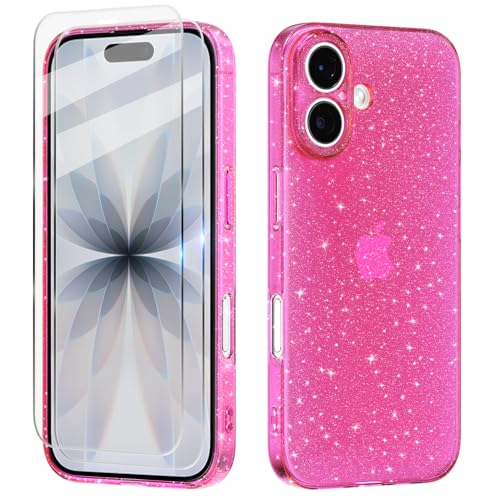 Cover Compatibile con iphone 17 Custodia Glitter, 2 Pezzi Pellicola Protettiva in Vetro Temperato, Brillantini Custodia Morbido TPU Protezione Trasparente Antiurto Case - Rosa Caldo