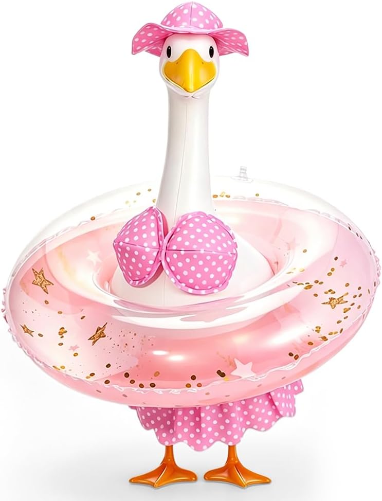 Goose Outfits Summer Bikini for 23 Inch Statue, Hawaiian Porch Goose Outfit with Hat Swim Ring and Parasol, Summer Bikini Decoration for Outdoor Patio Yard Swimming Pool (Pink)