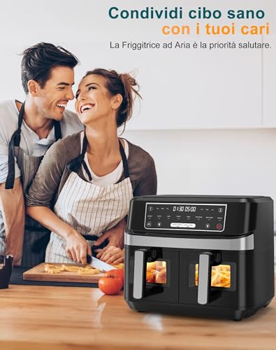 Friggitrice Ad Aria Doppia Resistenza 10L, Air Fryer 2600W, Friggitrice Ad Aria 2 Cestelli Con Finestra, 8 Programmi, Tecnologia Extra-Crisp, 50-200°C, Lavabile In Lavastoviglie - 6