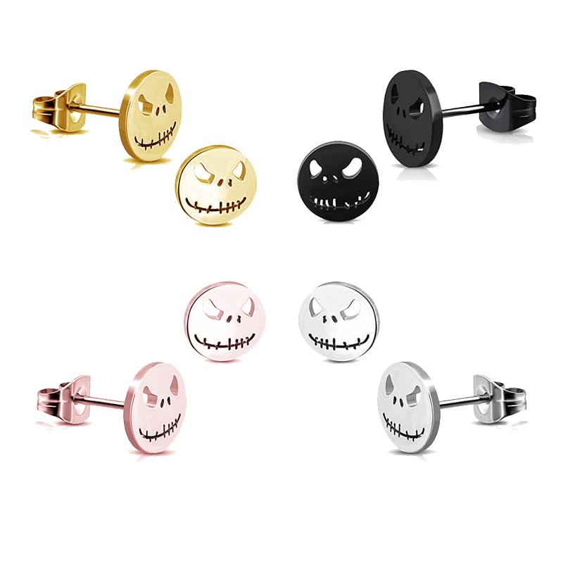 Dreuyet 4 Pairs Stainless Steel Jack Skellington Skull Stud Earrings for Men Halloween Skeleton Head Cut-Out Stud Post Earrings Horror Halloween Atmosphere Studs Jewelry Unisex