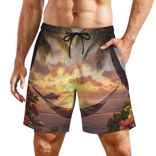 Sunset in Paradise Summer Mens Swim Trunks Quick Dry Beach Board Shorts with Pockets